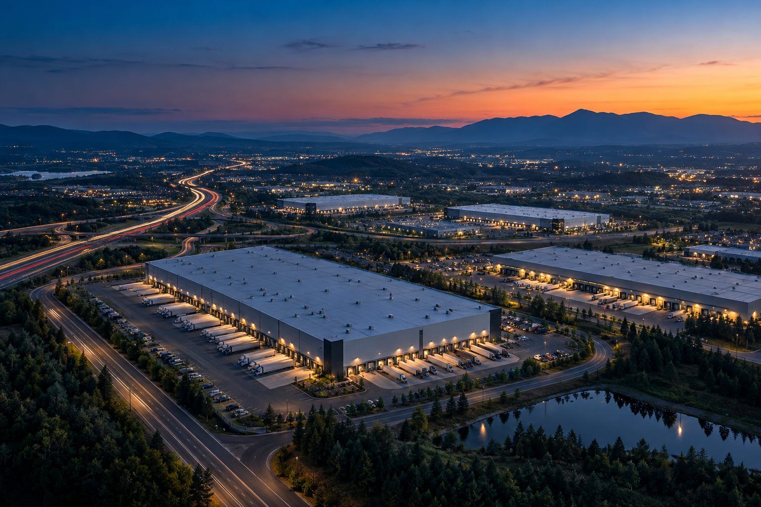 Industrial and distribution park at dusk